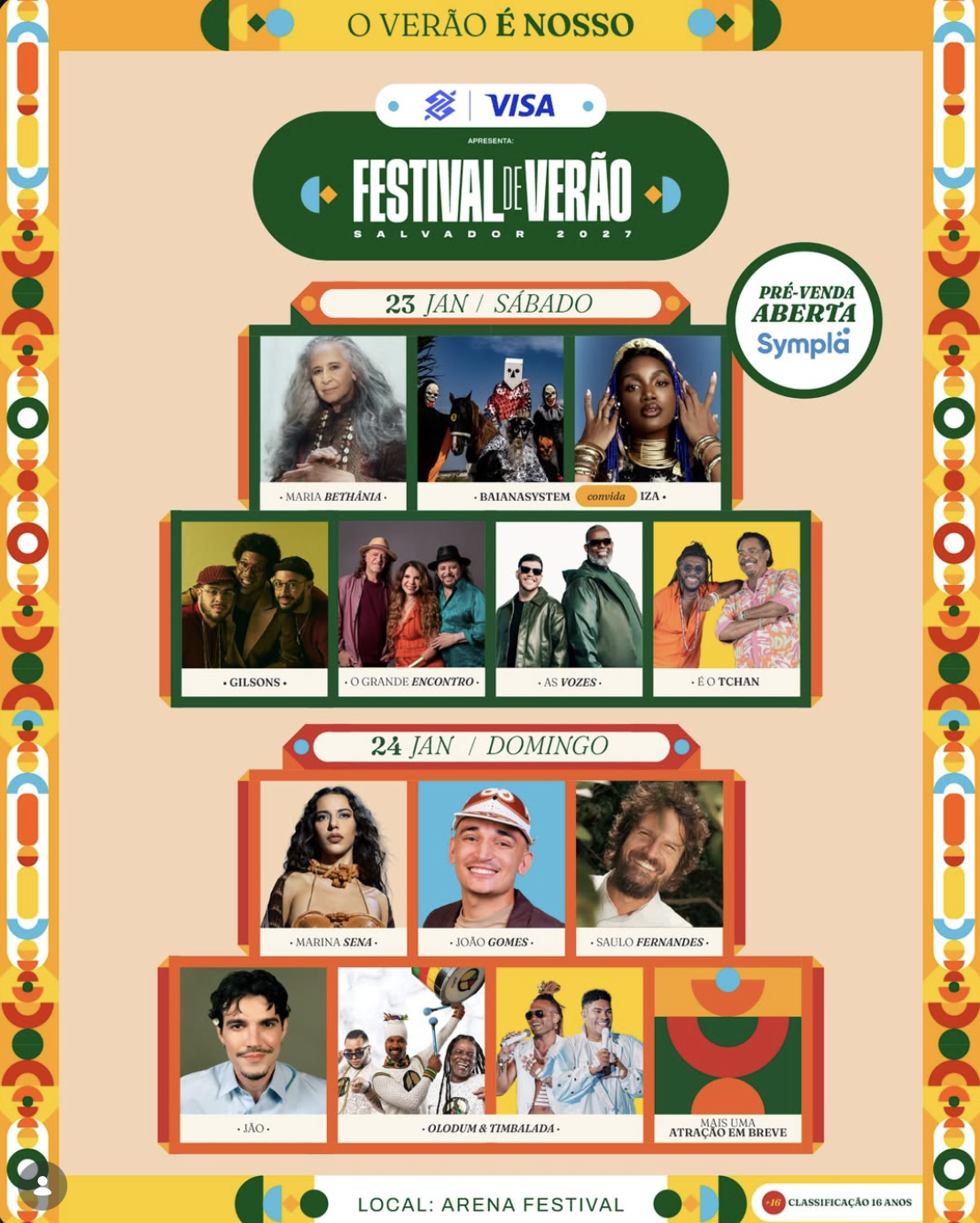 Cartaz do Festival de Verão Salvador 2027 com identidade visual do evento na Arena Festival